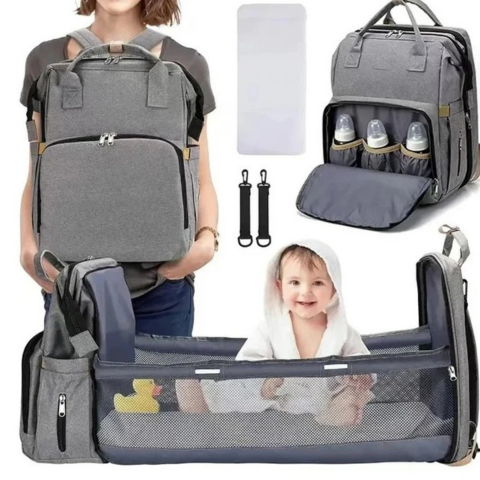 Babyreiseryggsekk - sammenleggbar seng og innebygd oppbevaring